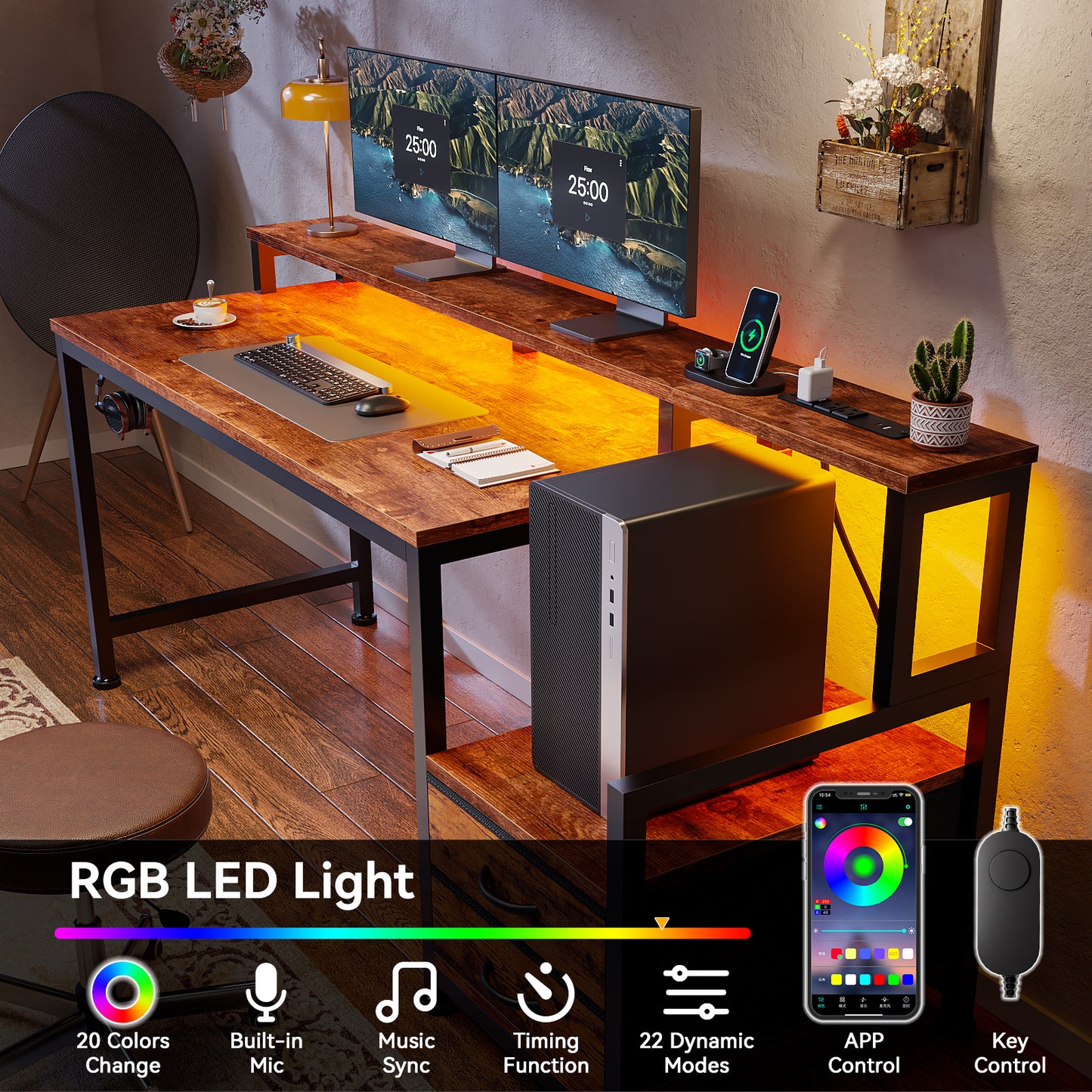 Satifur 55" Smart RGB Gaming Desk with App-Controlled Light Strip, Reversible Drawers & Built-in Charging Station,Rustic Brown