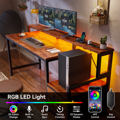 Satifur 55" Smart RGB Gaming Desk with App-Controlled Light Strip, Reversible Drawers & Built-in Charging Station,Rustic Brown