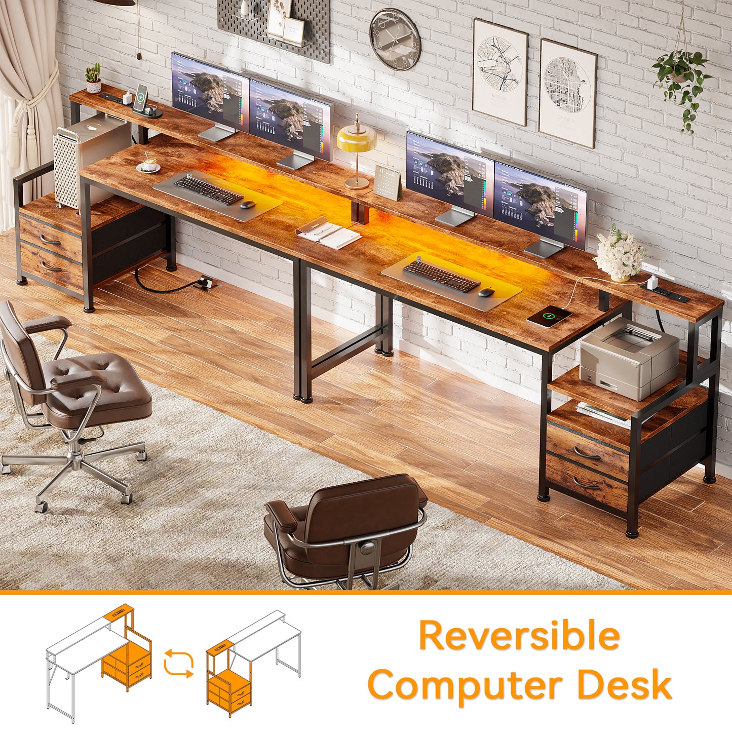 Satifur 55" Smart RGB Gaming Desk with App-Controlled Light Strip, Reversible Drawers & Built-in Charging Station,Rustic Brown