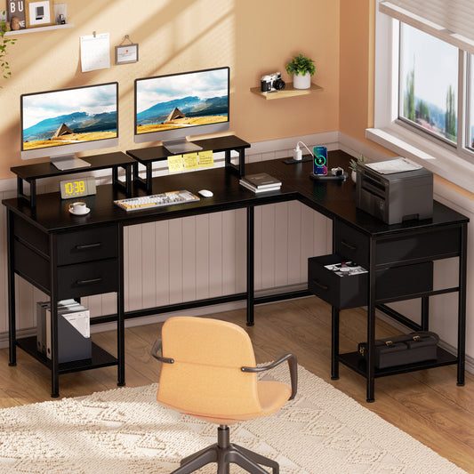 Satifur 66" L-Shaped Desk with Power Outlets, 4 Fabric Drawers & 2 Monitor Stands, Convertible Two Person Home Office Desk, Black