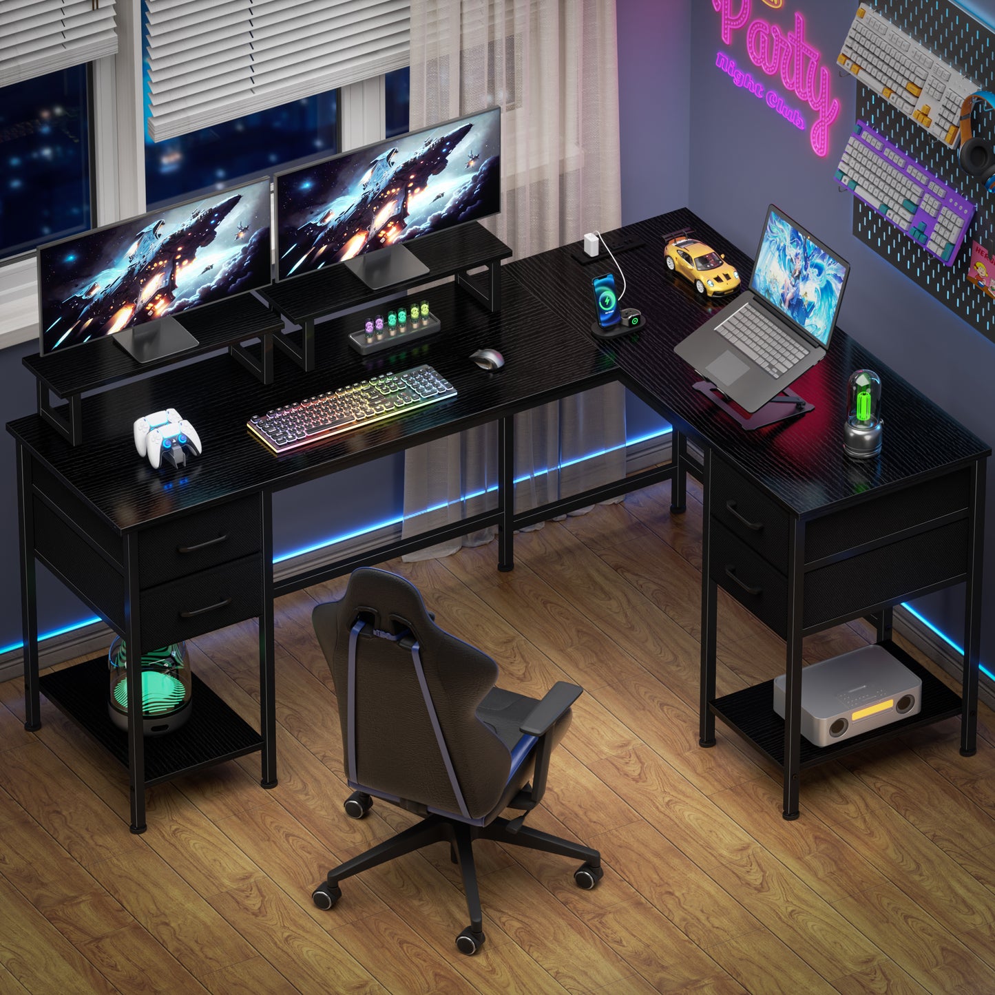 Satifur 66" L-Shaped Desk with Power Outlets, 4 Fabric Drawers & 2 Monitor Stands, Convertible Two Person Home Office Desk, Black