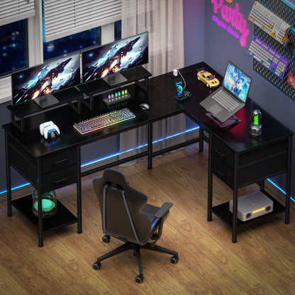 Satifur 66" L-Shaped Desk with Power Outlets, 4 Fabric Drawers & 2 Monitor Stands, Convertible Two Person Home Office Desk, Black