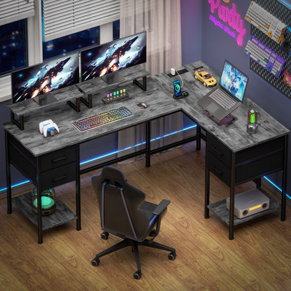 Satifur 59" L-Shaped Desk with Power Outlets, 4 Fabric Drawers & 2 Monitor Stands, Convertible Two Person Home Office Desk, Gray