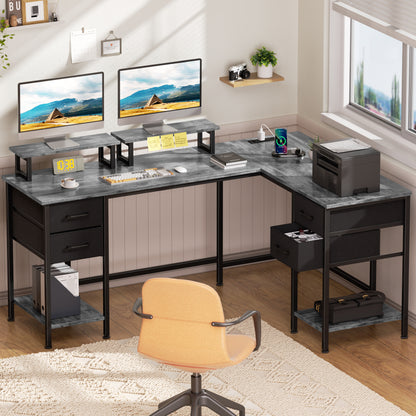 Satifur 59" L-Shaped Desk with Power Outlets, 4 Fabric Drawers & 2 Monitor Stands, Convertible Two Person Home Office Desk, Gray
