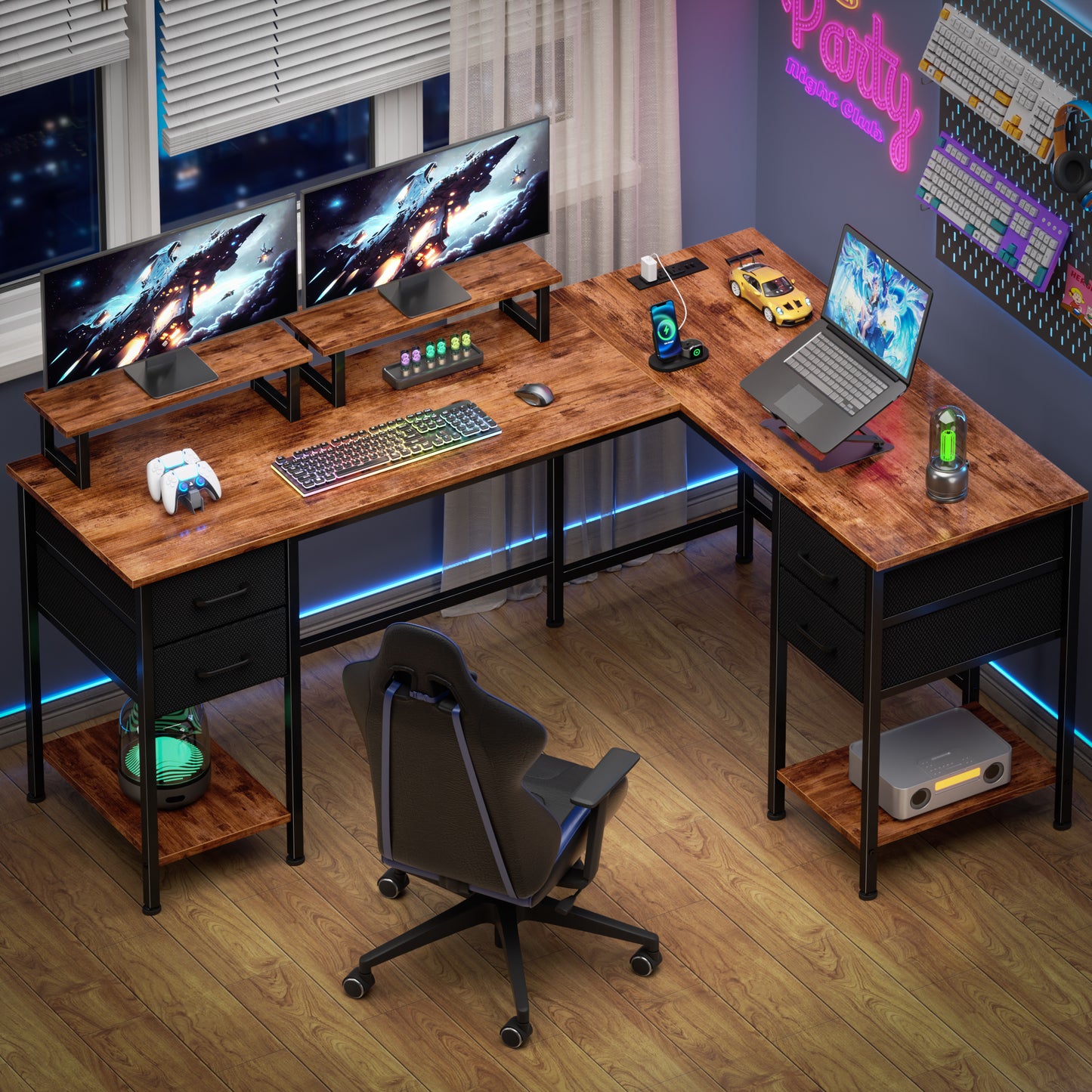 Satifur 59" L-Shaped Desk with Power Outlets, 4 Fabric Drawers & 2 Monitor Stands, Convertible Two Person Home Office Desk, Rustic Brown