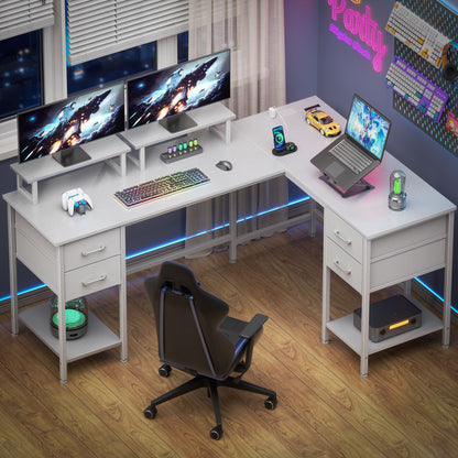 Satifur 59" L-Shaped Desk with Power Outlets, 4 Fabric Drawers & 2 Monitor Stands, Convertible Two Person Home Office Desk, White