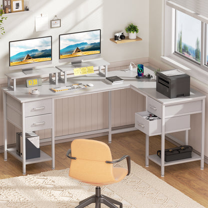 Satifur 59" L-Shaped Desk with Power Outlets, 4 Fabric Drawers & 2 Monitor Stands, Convertible Two Person Home Office Desk, White