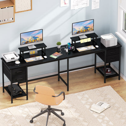 Satifur 66" L-Shaped Desk with Power Outlets, 4 Fabric Drawers & 2 Monitor Stands, Convertible Two Person Home Office Desk, Black
