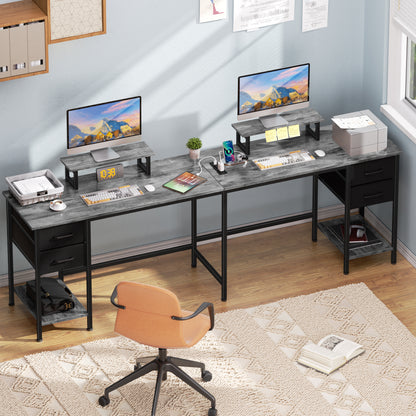 Satifur 59" L-Shaped Desk with Power Outlets, 4 Fabric Drawers & 2 Monitor Stands, Convertible Two Person Home Office Desk, Gray