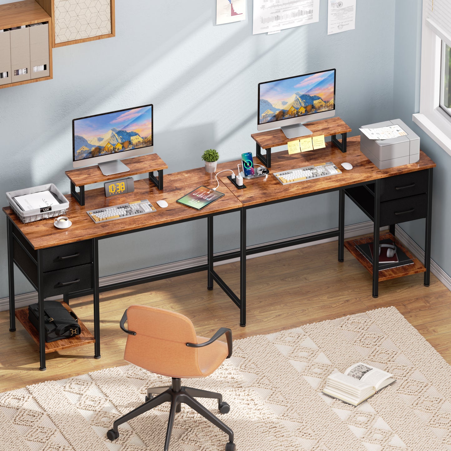 Satifur 59" L-Shaped Desk with Power Outlets, 4 Fabric Drawers & 2 Monitor Stands, Convertible Two Person Home Office Desk, Rustic Brown