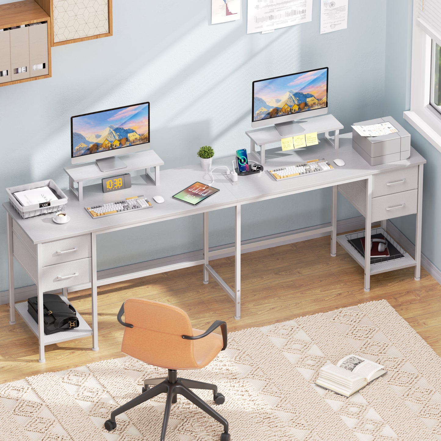 Satifur 59" L-Shaped Desk with Power Outlets, 4 Fabric Drawers & 2 Monitor Stands, Convertible Two Person Home Office Desk, White