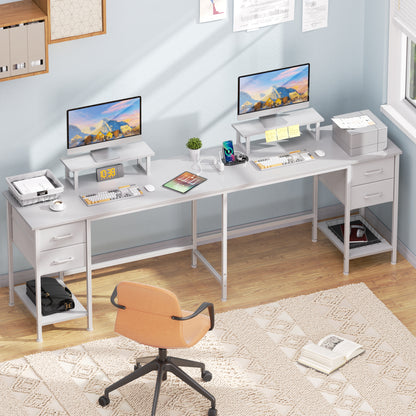 Satifur 59" L-Shaped Desk with Power Outlets, 4 Fabric Drawers & 2 Monitor Stands, Convertible Two Person Home Office Desk, White