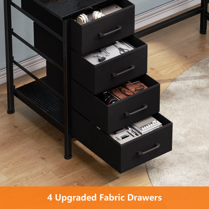 Satifur 59" L-Shaped Desk with Power Outlets, 4 Fabric Drawers & 2 Monitor Stands, Convertible Two Person Home Office Desk, Rustic Brown Black