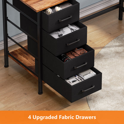 Satifur 59" L-Shaped Desk with Power Outlets, 4 Fabric Drawers & 2 Monitor Stands, Convertible Two Person Home Office Desk, Rustic Brown