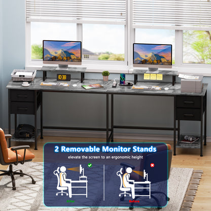 Satifur 59" L-Shaped Desk with Power Outlets, 4 Fabric Drawers & 2 Monitor Stands, Convertible Two Person Home Office Desk, Gray