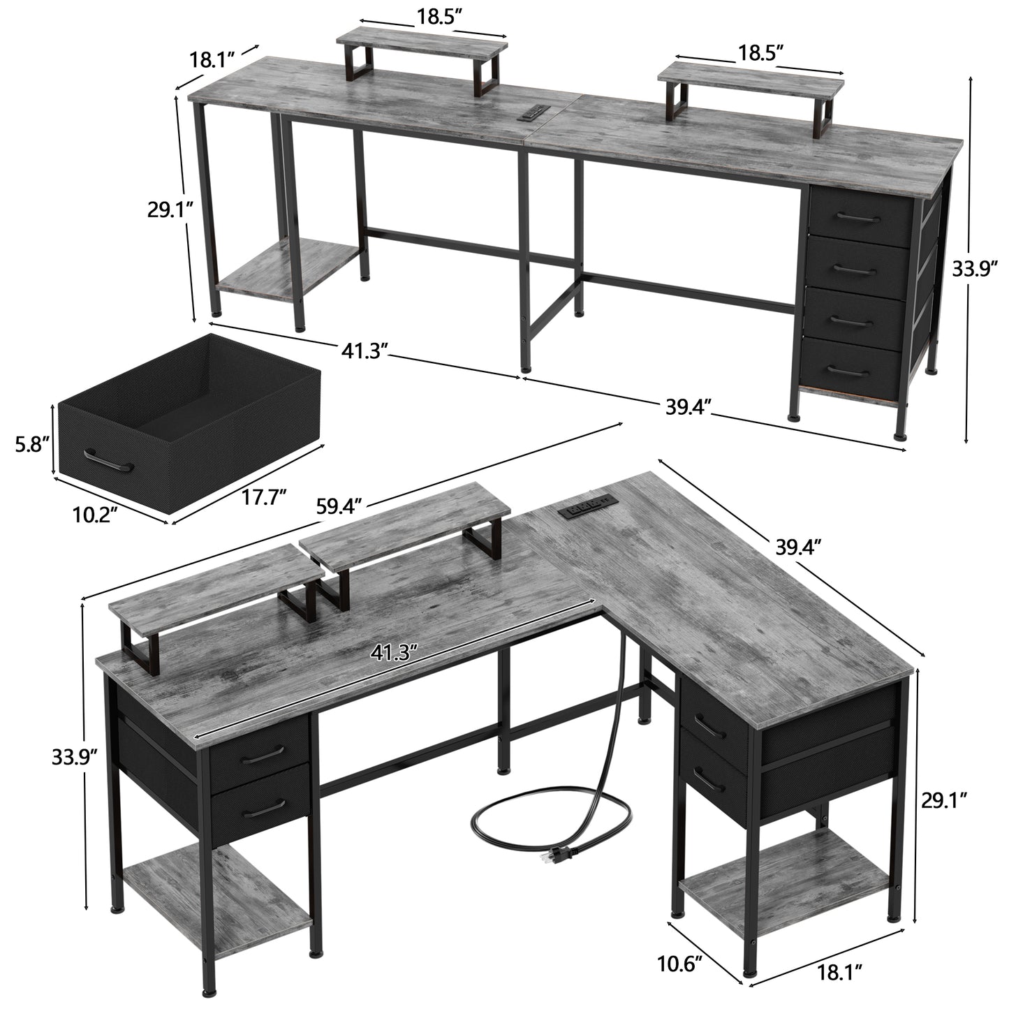 Satifur 59" L-Shaped Desk with Power Outlets, 4 Fabric Drawers & 2 Monitor Stands, Convertible Two Person Home Office Desk, Gray
