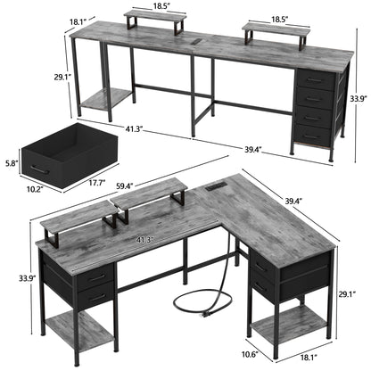 Satifur 59" L-Shaped Desk with Power Outlets, 4 Fabric Drawers & 2 Monitor Stands, Convertible Two Person Home Office Desk, Gray