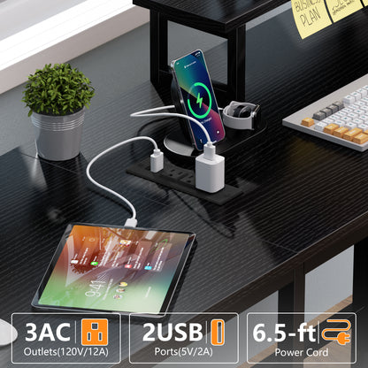 Satifur 59" L-Shaped Desk with Power Outlets, 4 Fabric Drawers & 2 Monitor Stands, Convertible Two Person Home Office Desk, Rustic Brown Black