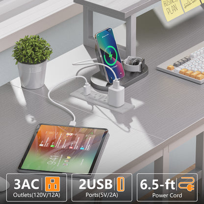 Satifur 59" L-Shaped Desk with Power Outlets, 4 Fabric Drawers & 2 Monitor Stands, Convertible Two Person Home Office Desk, White