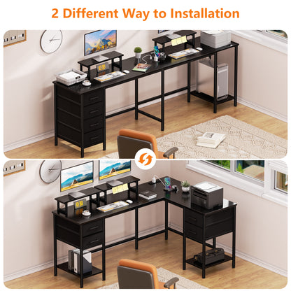 Satifur 66" L-Shaped Desk with Power Outlets, 4 Fabric Drawers & 2 Monitor Stands, Convertible Two Person Home Office Desk, Black