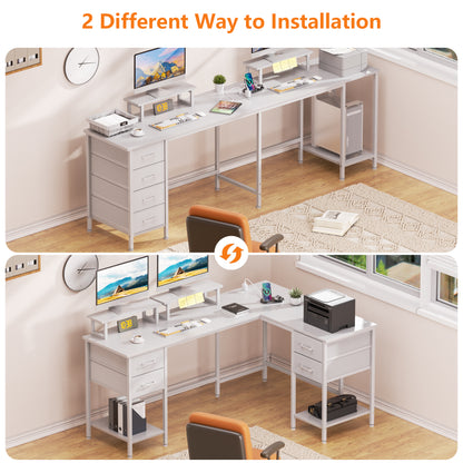 Satifur 59" L-Shaped Desk with Power Outlets, 4 Fabric Drawers & 2 Monitor Stands, Convertible Two Person Home Office Desk, White