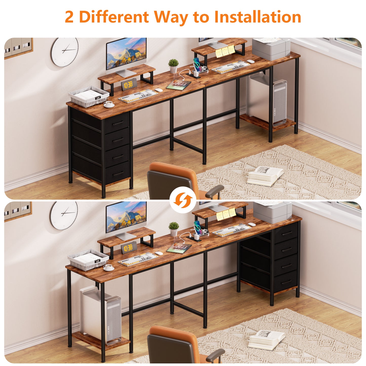 Satifur 59" L-Shaped Desk with Power Outlets, 4 Fabric Drawers & 2 Monitor Stands, Convertible Two Person Home Office Desk, Rustic Brown