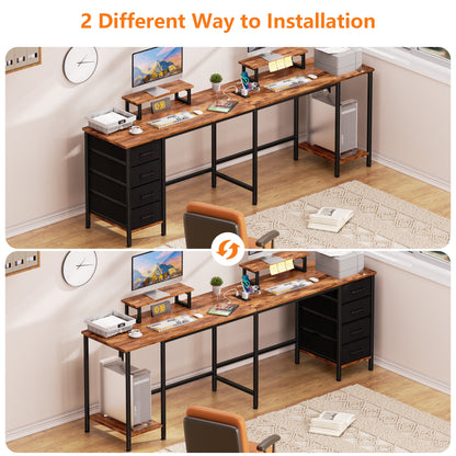 Satifur 59" L-Shaped Desk with Power Outlets, 4 Fabric Drawers & 2 Monitor Stands, Convertible Two Person Home Office Desk, Rustic Brown