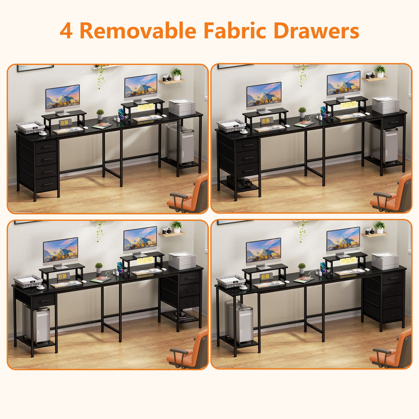 Satifur 66" L-Shaped Desk with Power Outlets, 4 Fabric Drawers & 2 Monitor Stands, Convertible Two Person Home Office Desk, Black