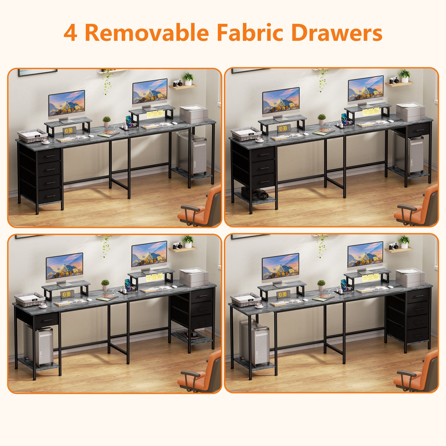 Satifur 59" L-Shaped Desk with Power Outlets, 4 Fabric Drawers & 2 Monitor Stands, Convertible Two Person Home Office Desk, Gray