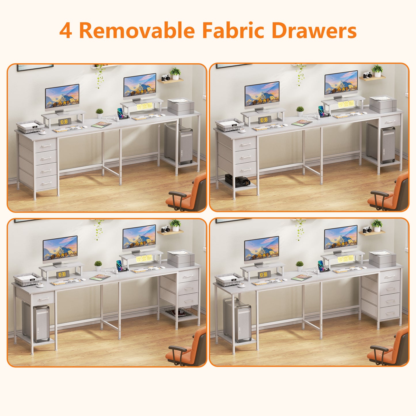 Satifur 59" L-Shaped Desk with Power Outlets, 4 Fabric Drawers & 2 Monitor Stands, Convertible Two Person Home Office Desk, White