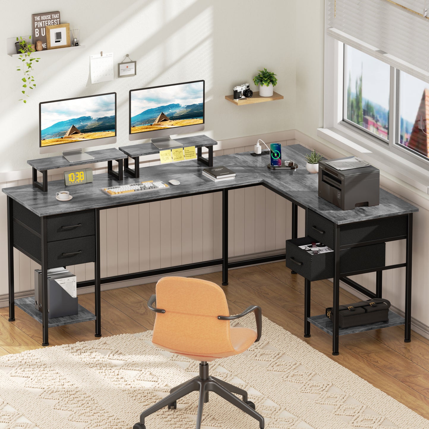 Satifur 66" L-Shaped Desk with Power Outlets, 4 Fabric Drawers & 2 Monitor Stands, Convertible Two Person Home Office Desk, Gray