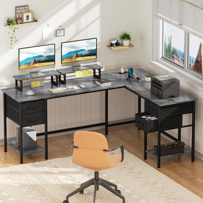 Satifur 66" L-Shaped Desk with Power Outlets, 4 Fabric Drawers & 2 Monitor Stands, Convertible Two Person Home Office Desk, Gray