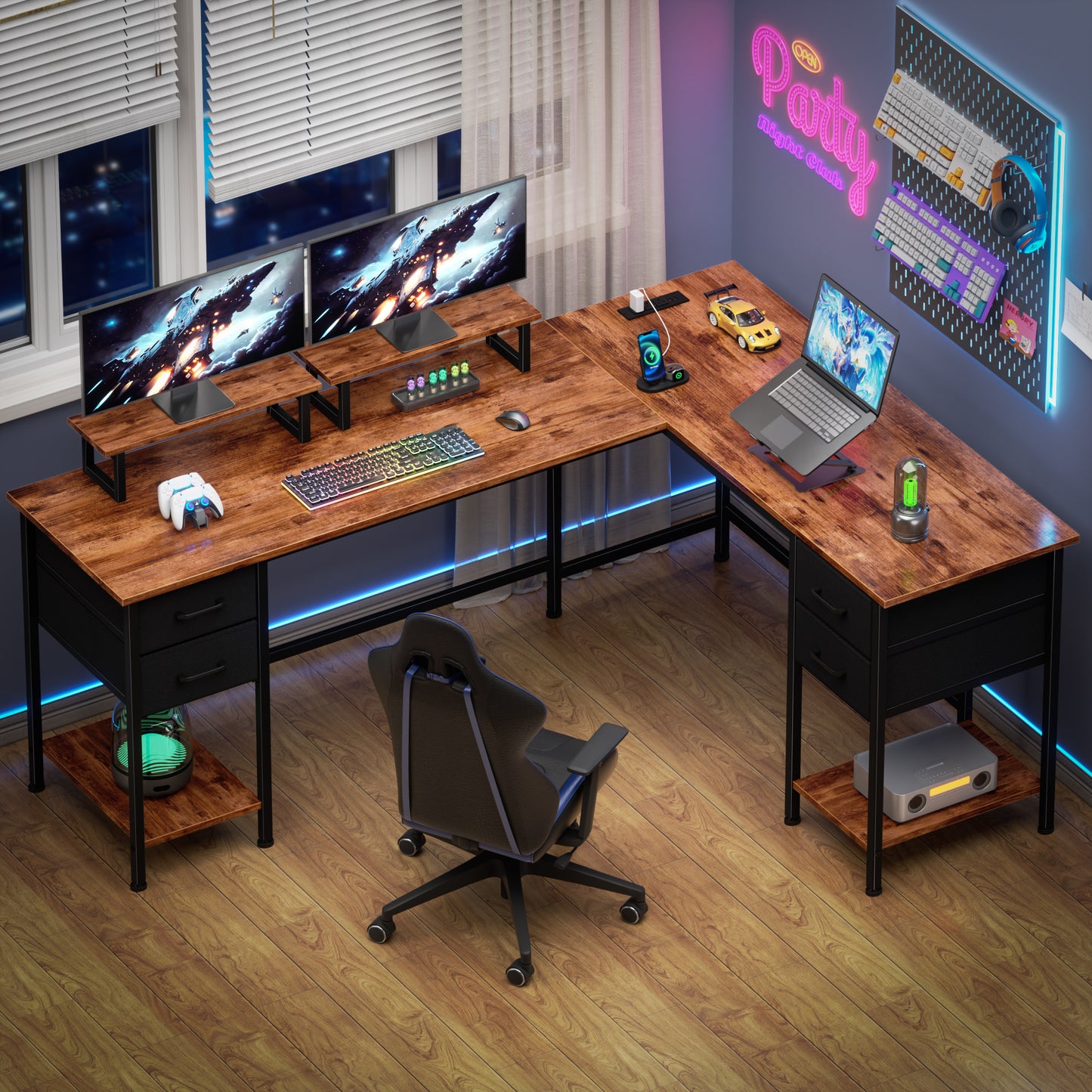 Satifur 66" L-Shaped Desk with Power Outlets, 4 Fabric Drawers & 2 Monitor Stands, Convertible Two Person Home Office Desk, Rustic Brown