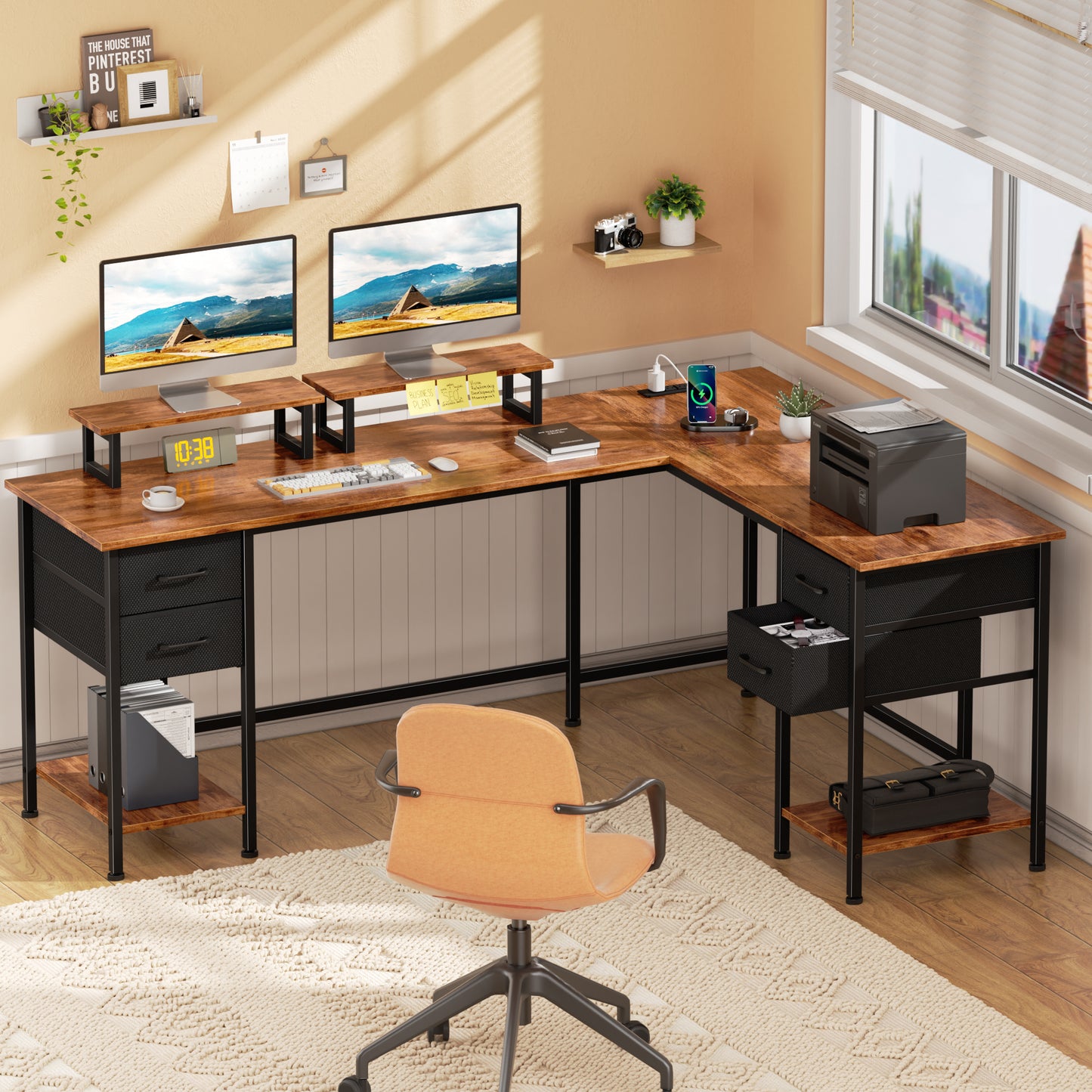 Satifur 66" L-Shaped Desk with Power Outlets, 4 Fabric Drawers & 2 Monitor Stands, Convertible Two Person Home Office Desk, Rustic Brown
