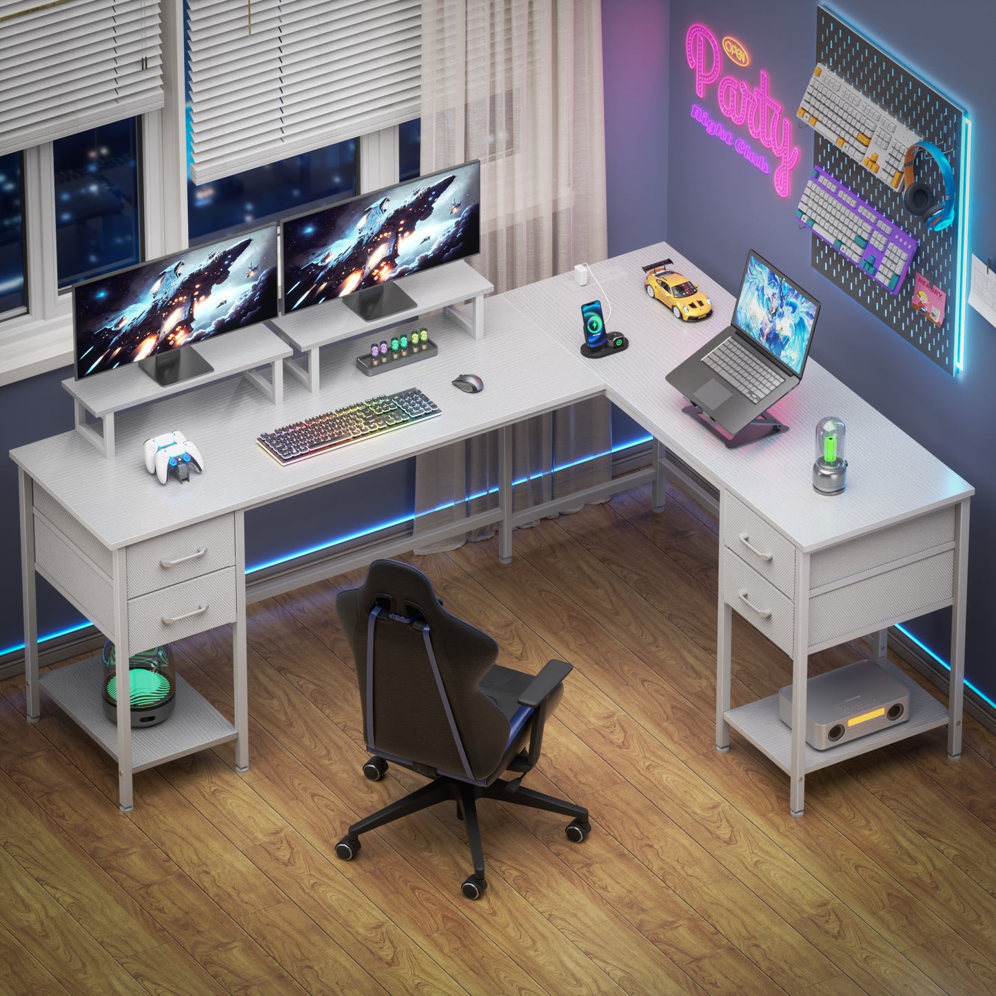 Satifur 66" L-Shaped Desk with Power Outlets, 4 Fabric Drawers & 2 Monitor Stands, Convertible Two Person Home Office Desk, White