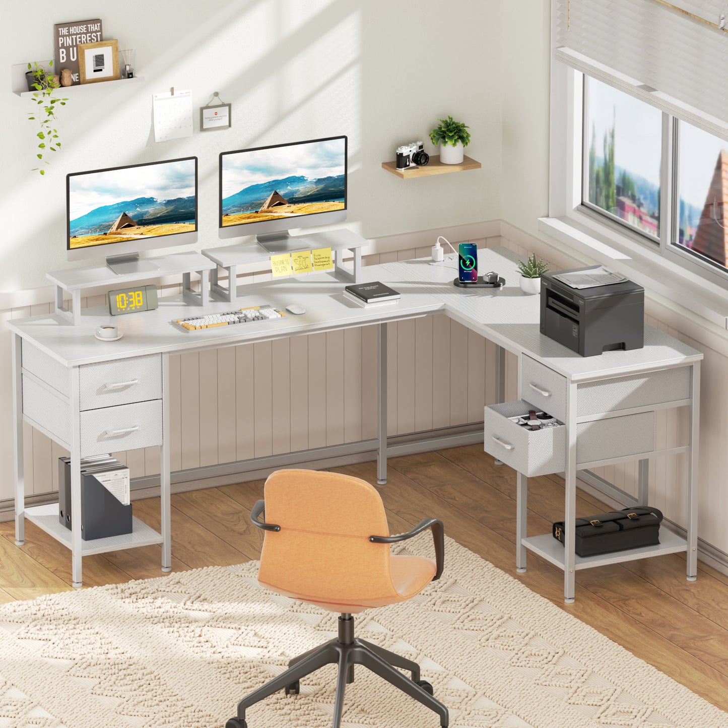 Satifur 66" L-Shaped Desk with Power Outlets, 4 Fabric Drawers & 2 Monitor Stands, Convertible Two Person Home Office Desk, White