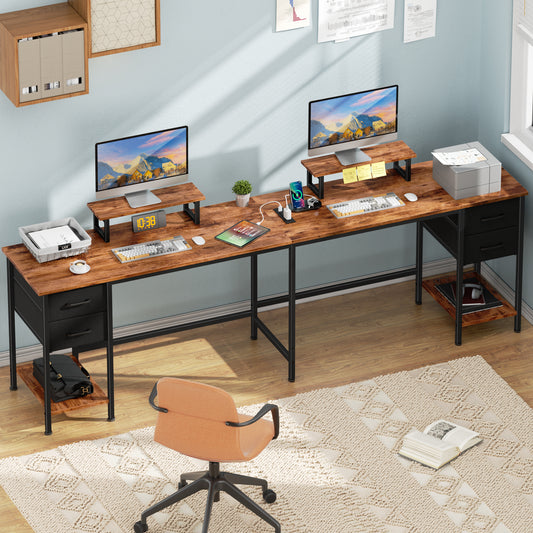 Satifur 66" L-Shaped Desk with Power Outlets, 4 Fabric Drawers & 2 Monitor Stands, Convertible Two Person Home Office Desk, Rustic Brown