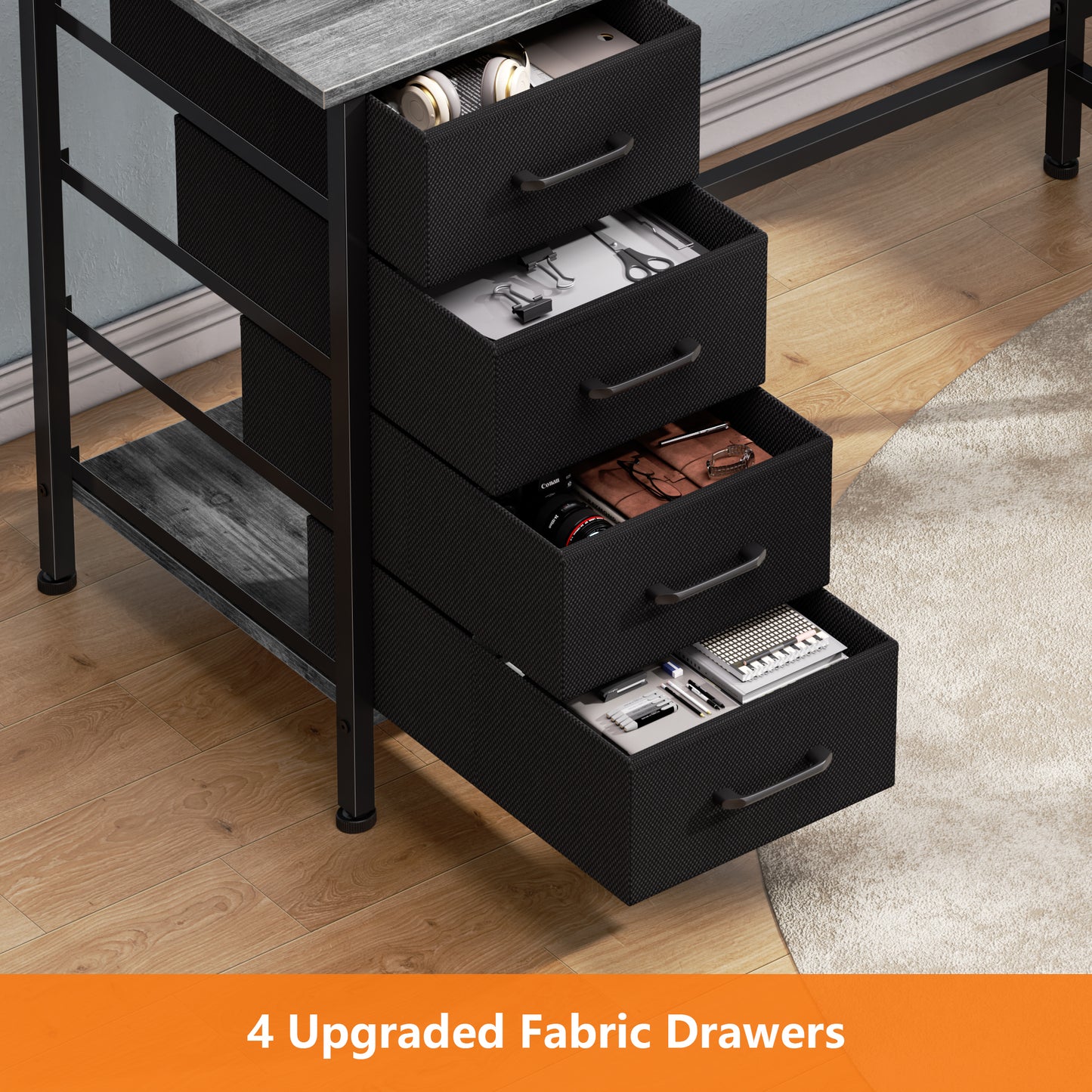 Satifur 66" L-Shaped Desk with Power Outlets, 4 Fabric Drawers & 2 Monitor Stands, Convertible Two Person Home Office Desk, Gray