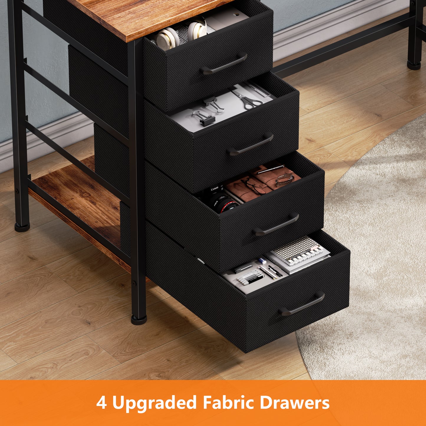 Satifur 66" L-Shaped Desk with Power Outlets, 4 Fabric Drawers & 2 Monitor Stands, Convertible Two Person Home Office Desk, Rustic Brown