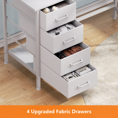 Satifur 66" L-Shaped Desk with Power Outlets, 4 Fabric Drawers & 2 Monitor Stands, Convertible Two Person Home Office Desk, White