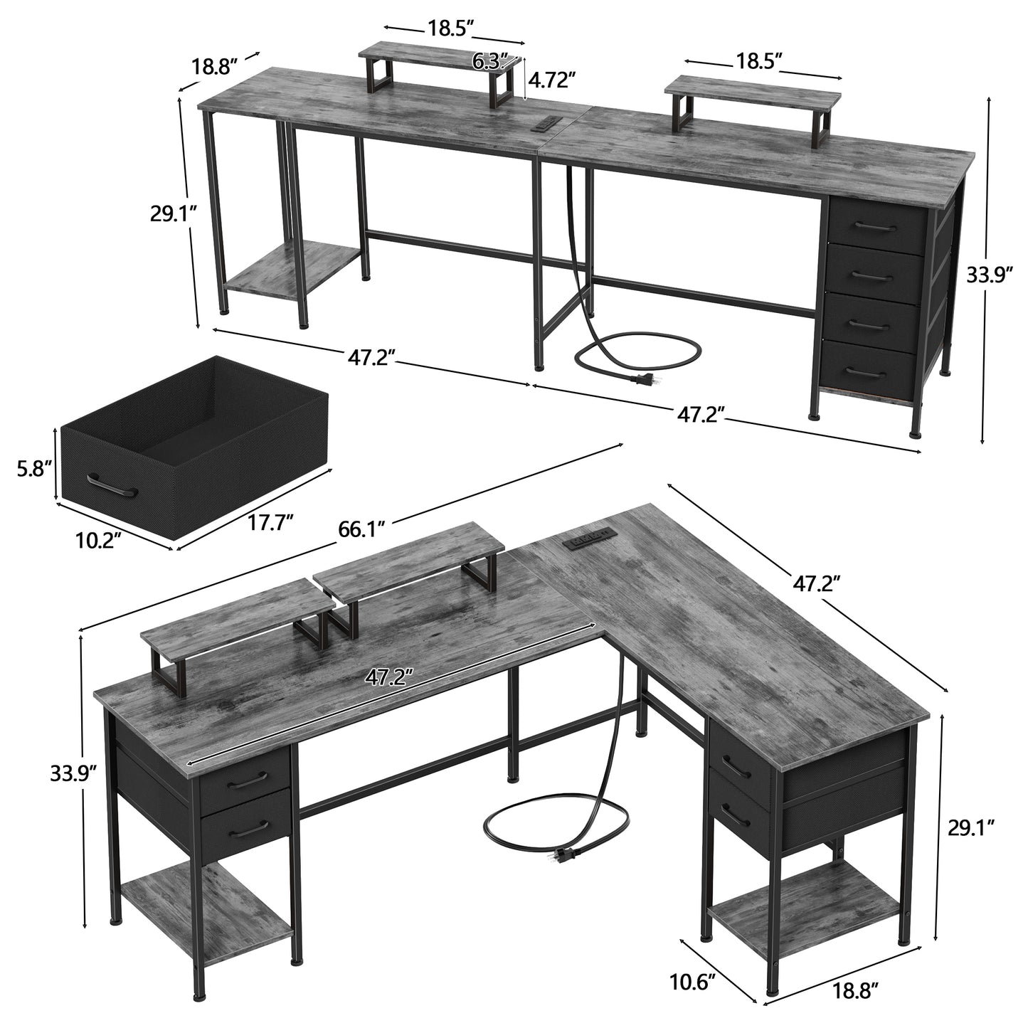Satifur 66" L-Shaped Desk with Power Outlets, 4 Fabric Drawers & 2 Monitor Stands, Convertible Two Person Home Office Desk, Gray