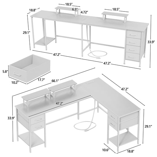 Satifur 66" L-Shaped Desk with Power Outlets, 4 Fabric Drawers & 2 Monitor Stands, Convertible Two Person Home Office Desk, White