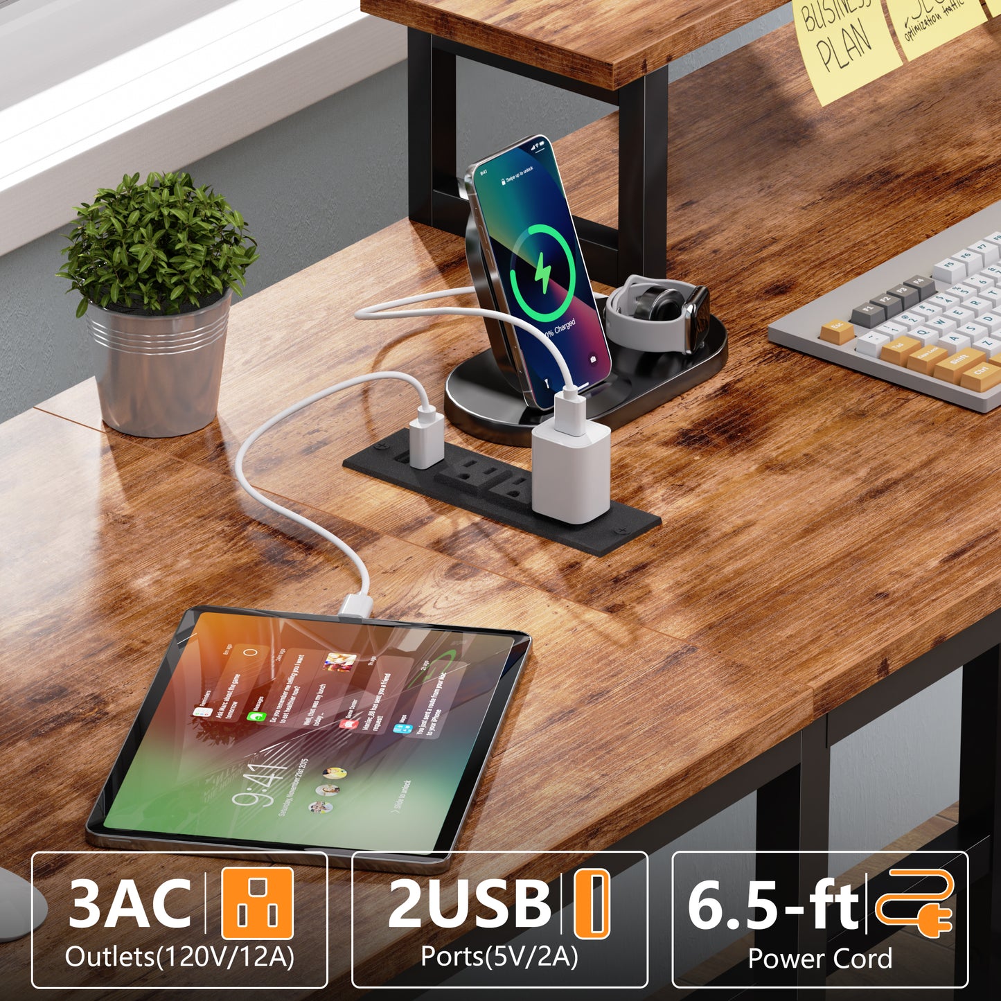 Satifur 66" L-Shaped Desk with Power Outlets, 4 Fabric Drawers & 2 Monitor Stands, Convertible Two Person Home Office Desk, Rustic Brown