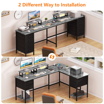 Satifur 66" L-Shaped Desk with Power Outlets, 4 Fabric Drawers & 2 Monitor Stands, Convertible Two Person Home Office Desk, Gray