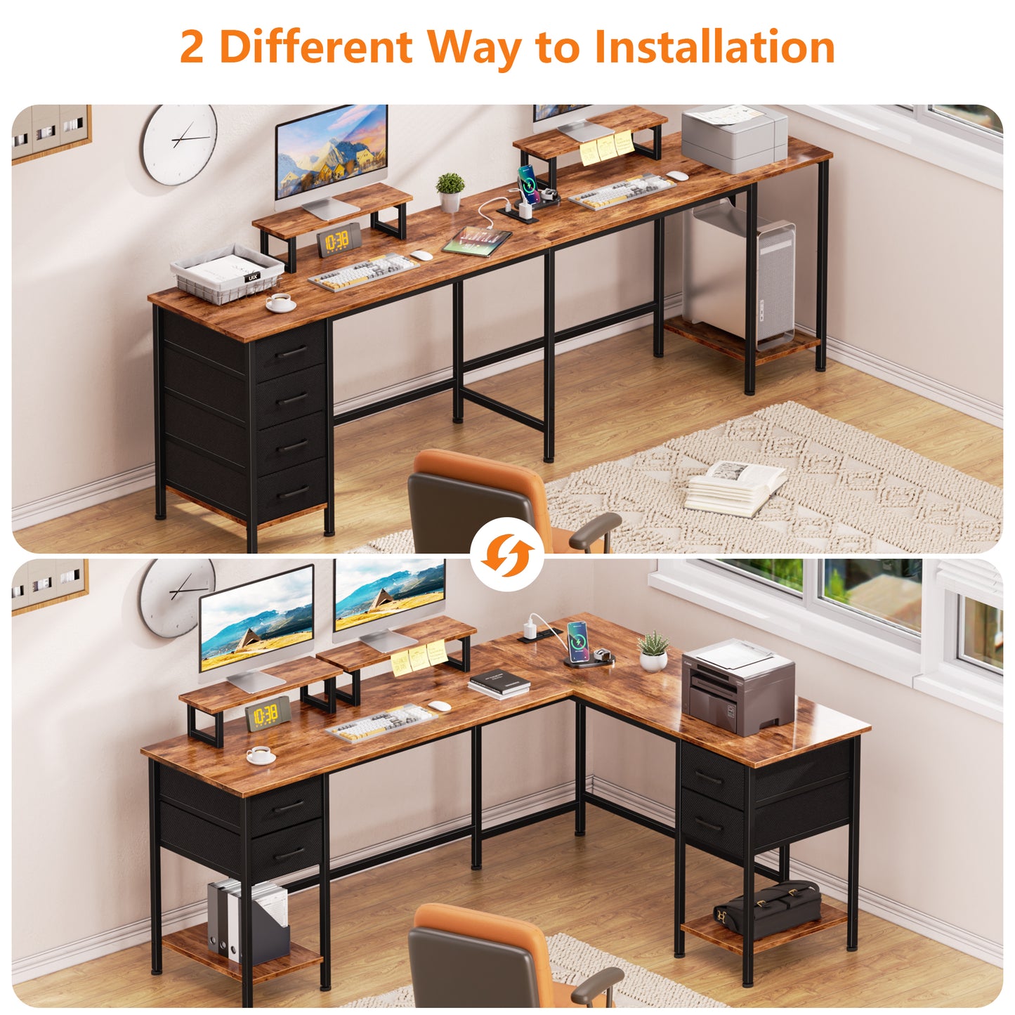 Satifur 66" L-Shaped Desk with Power Outlets, 4 Fabric Drawers & 2 Monitor Stands, Convertible Two Person Home Office Desk, Rustic Brown