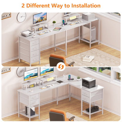 Satifur 66" L-Shaped Desk with Power Outlets, 4 Fabric Drawers & 2 Monitor Stands, Convertible Two Person Home Office Desk, White