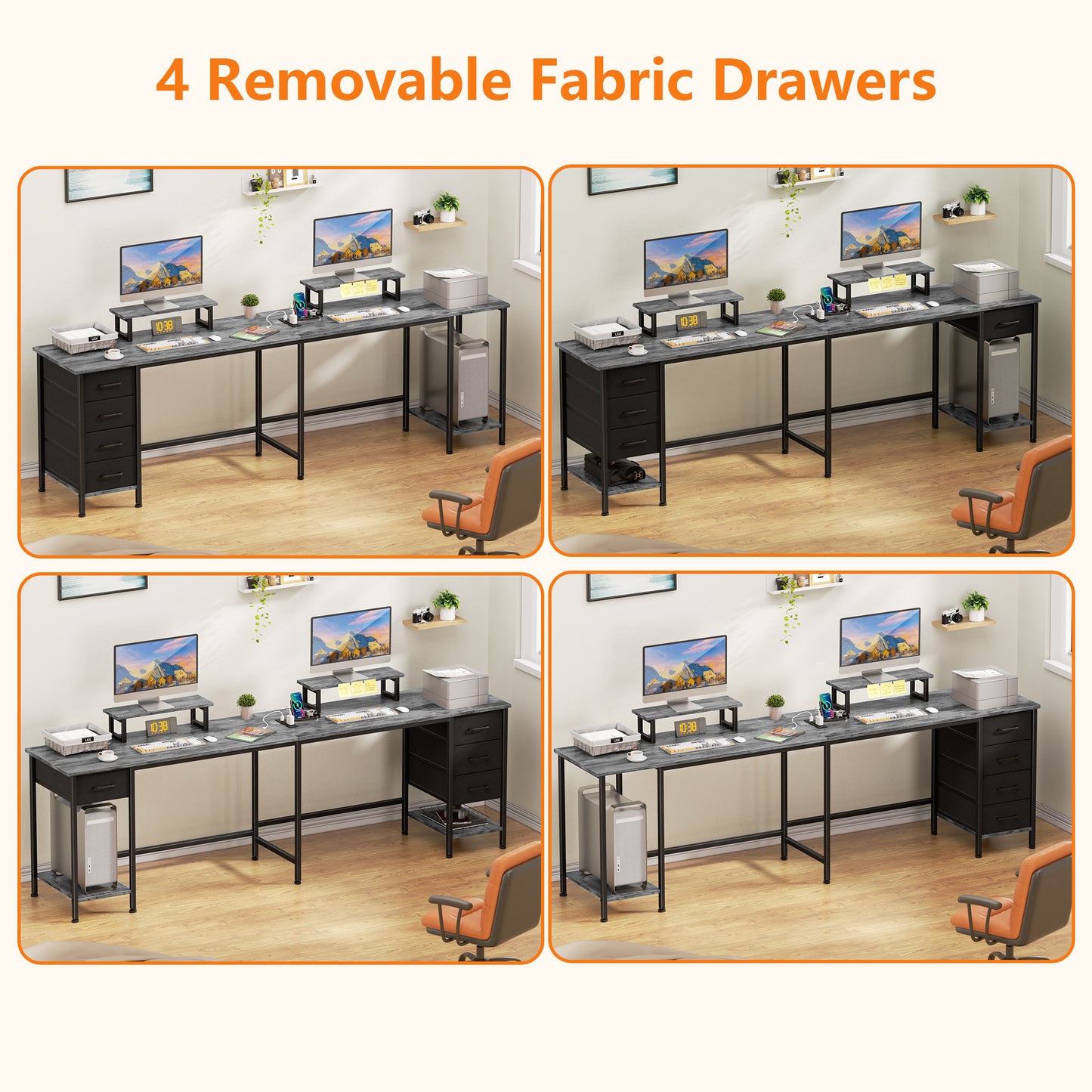 Satifur 66" L-Shaped Desk with Power Outlets, 4 Fabric Drawers & 2 Monitor Stands, Convertible Two Person Home Office Desk, Gray