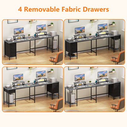 Satifur 66" L-Shaped Desk with Power Outlets, 4 Fabric Drawers & 2 Monitor Stands, Convertible Two Person Home Office Desk, Gray