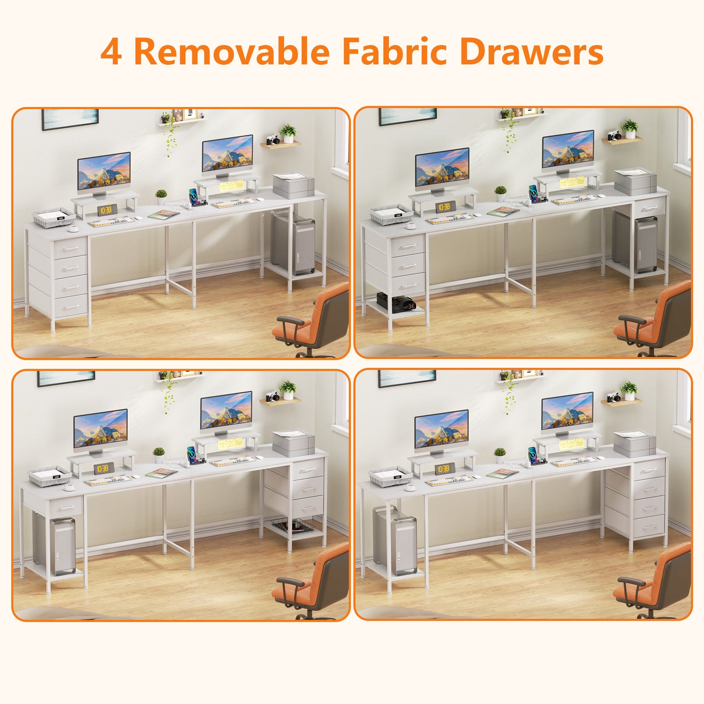 Satifur 66" L-Shaped Desk with Power Outlets, 4 Fabric Drawers & 2 Monitor Stands, Convertible Two Person Home Office Desk, White