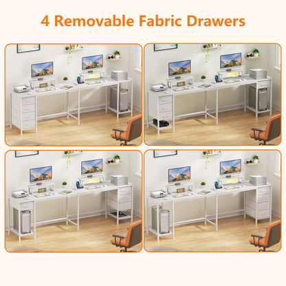 Satifur 66" L-Shaped Desk with Power Outlets, 4 Fabric Drawers & 2 Monitor Stands, Convertible Two Person Home Office Desk, White